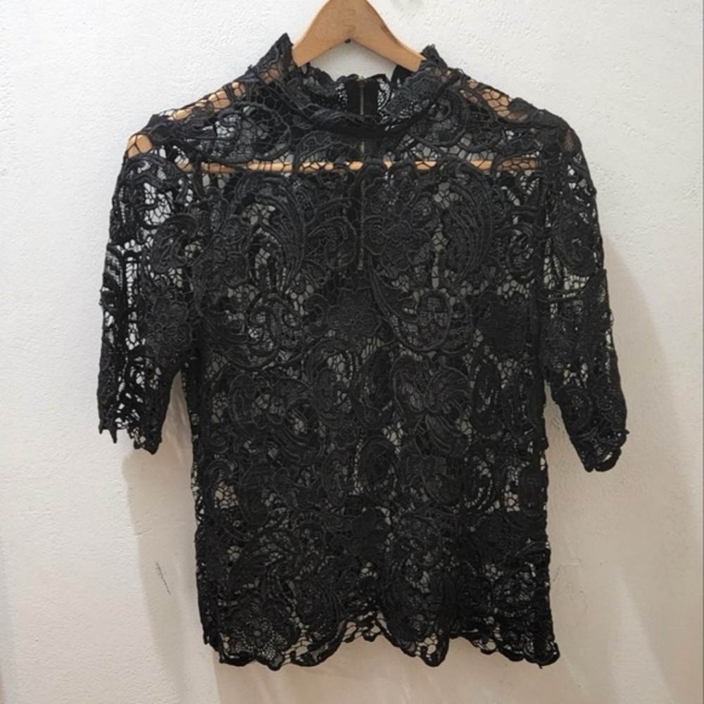 Kate Sylvester Women's Black Floral Lace High-Neck Blouse
